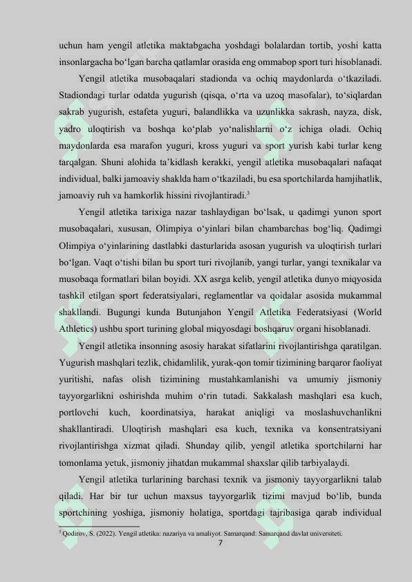 Yengil atletika bo‘limlari va ularning turkumlanishi. 7