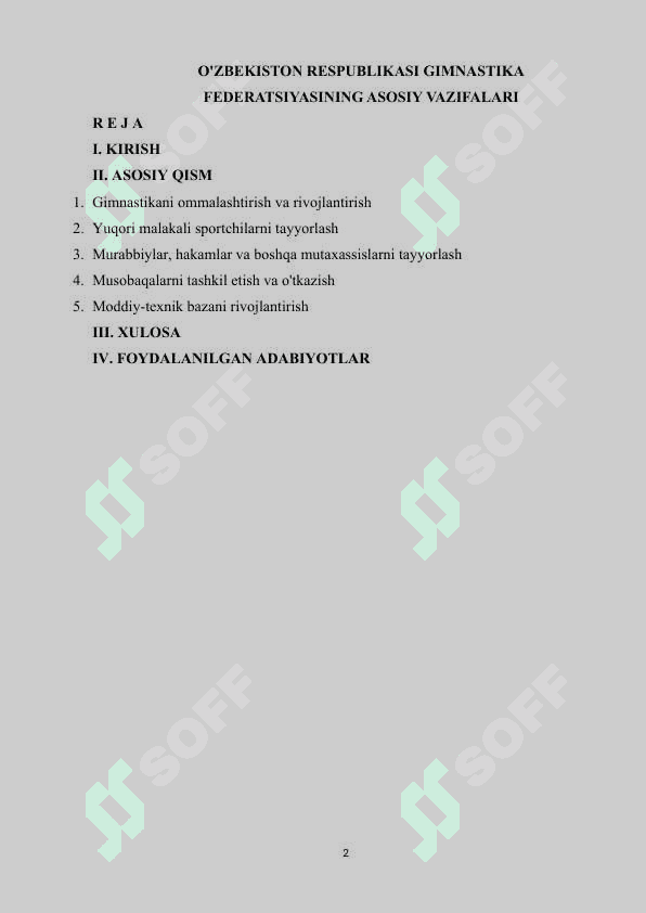 O'ZBEKISTON RESPUBLIKASI GIMNASTIKA FEDERATSIYASINING ASOSIY VAZIFALARI 2