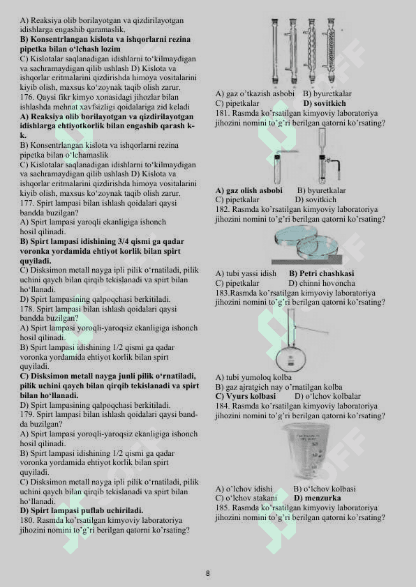 7-sinf kimyo nazariy test. Javoblari 8
