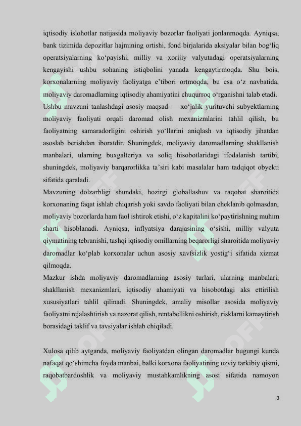 kurs ishi MOLIYAVIY FAOLIYAT BO'YICHA OLINGAN DAROMADLAR 3