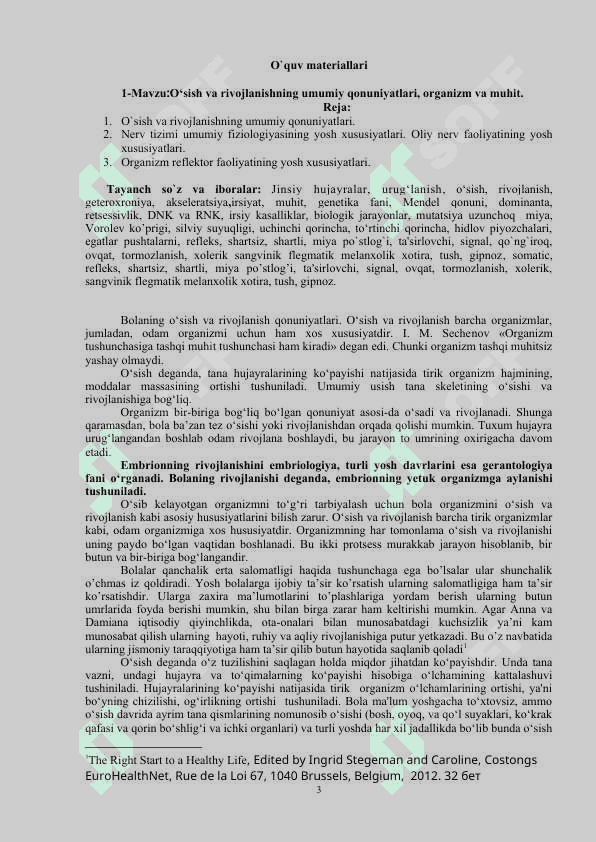 Yosh fiziologiyasi va gigiyena fanidan o’quv uslubiy majmua 3