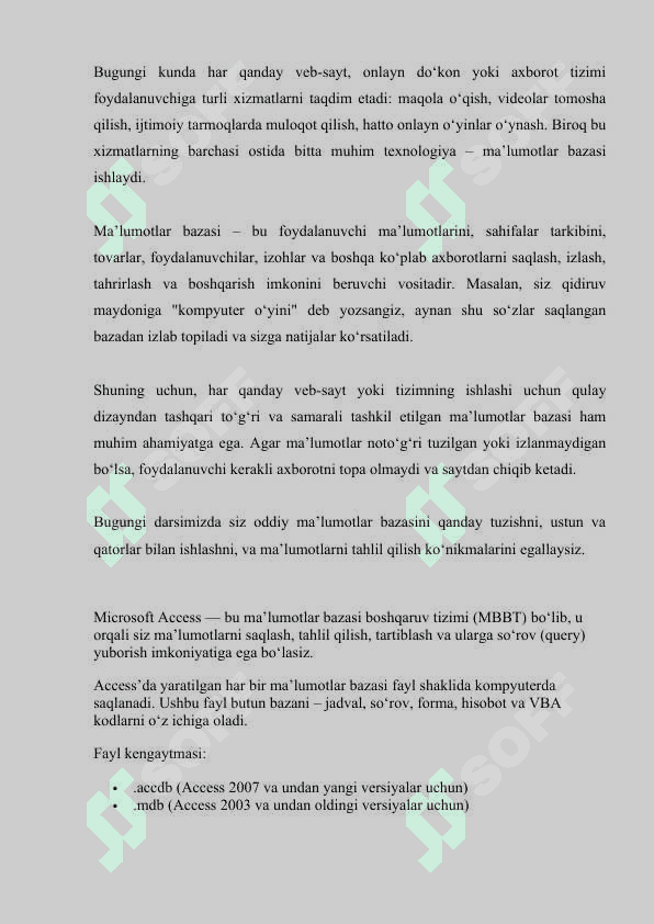 Ma’lumotlar bazasiga kirish mavzusida Dars ishlanma 2