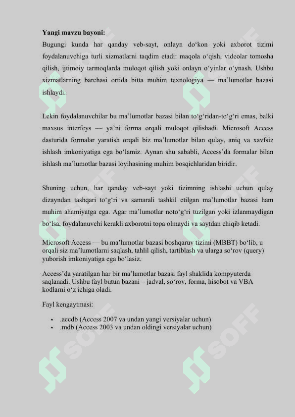 Microsoft Accessda formalar bilan ishlash mavzusida Dars ishlanma 2