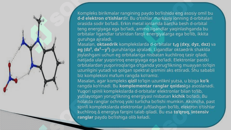 Kompleks birikmalarning rangi. Past spinli va yuqori spinli komplekslar.Misollar asosida tushuntiring. 6