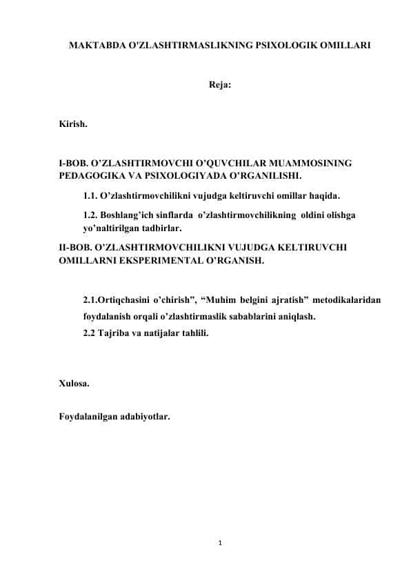 MAKTABDA O'ZLASHTIRMASLIKNING PSIXOLOGIK OMILLARI