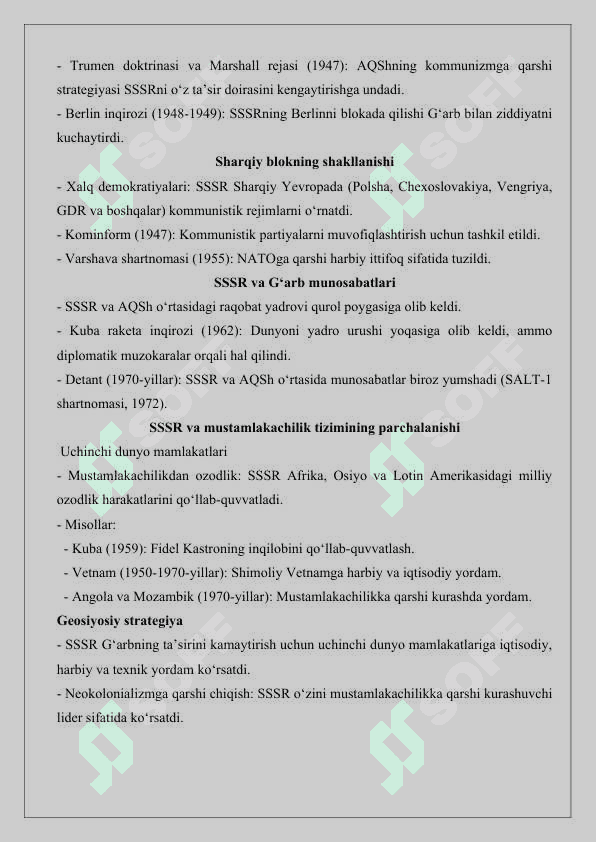 SSSRning ikkinchi jahon urushidan so‘ng tashqi siyosati mavzusida ma’ruza tayyorlash 25 2