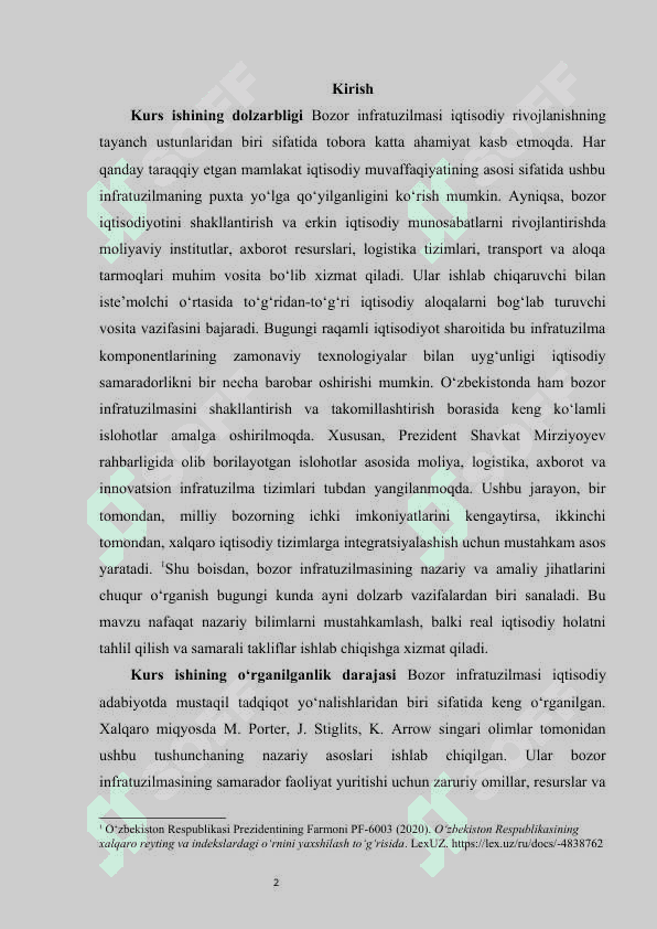 Bozor infratuzilmasi: uning asosiy sohalari va unsurlari KURS ISHI 2