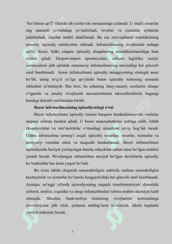 Bozor infratuzilmasi: uning asosiy sohalari va unsurlari KURS ISHI 7