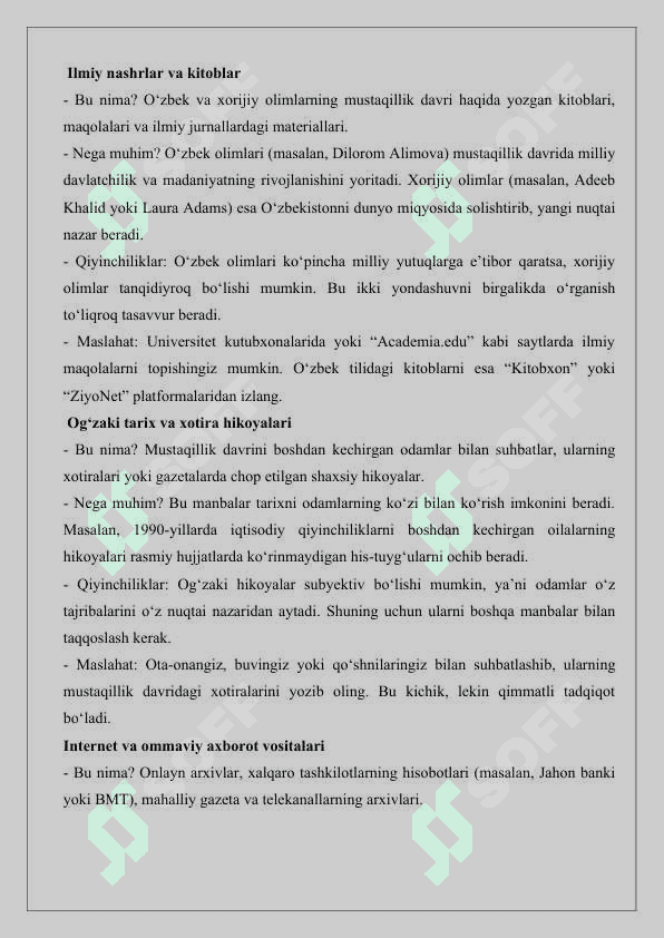 Mustаqillik dаvridа O‘zbеkistоn tаriхini o‘rgаnishgа yangichа yondаshuvlаr mavzusiga oid manbalar tahlili va adabiyotlar sharhi 2025 2