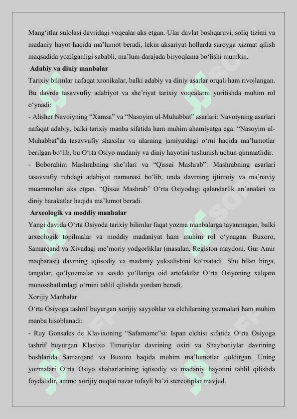 Yangi dаvrdа O‘rtа Оsiyodа tаriхiy bilimlаrning rivоjlаnishi mavzusiga oid manbalar tahlili va adabiyotlar sharhini tayyorlash 25 2
