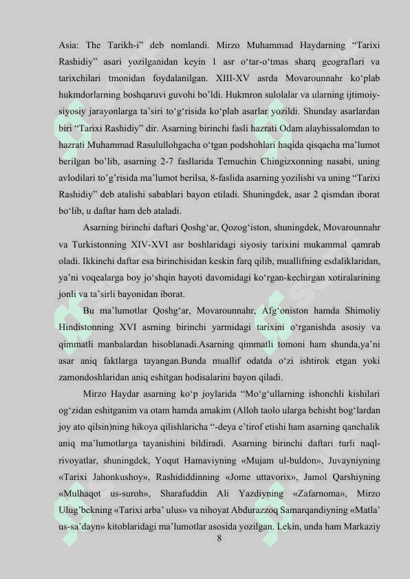 Muhammad Haydarning “Tarixi Rashidiy”asari manba sifatida 8