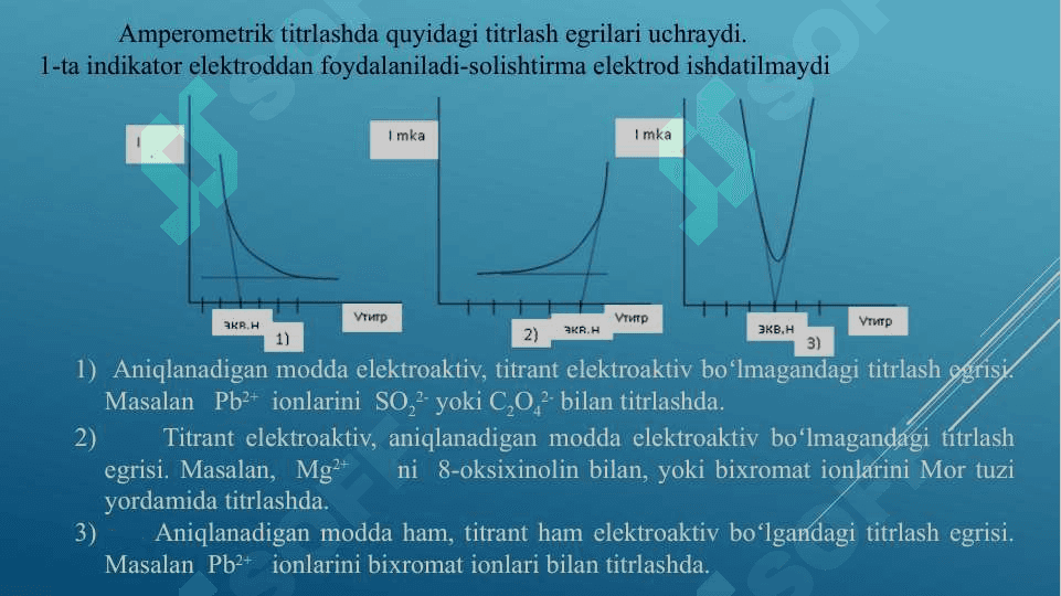 Amperometrik analiz metodi. Amperometrik titrlashdagi titrlash egrilari 4
