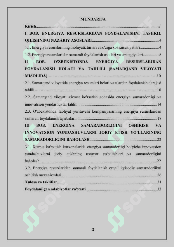 Energiya resurslaridan samarali foydalanish bo‘yicha innovatsion yondashuvlar nomli mavzuga oid mustaqil ish yoki kurs ishi 2
