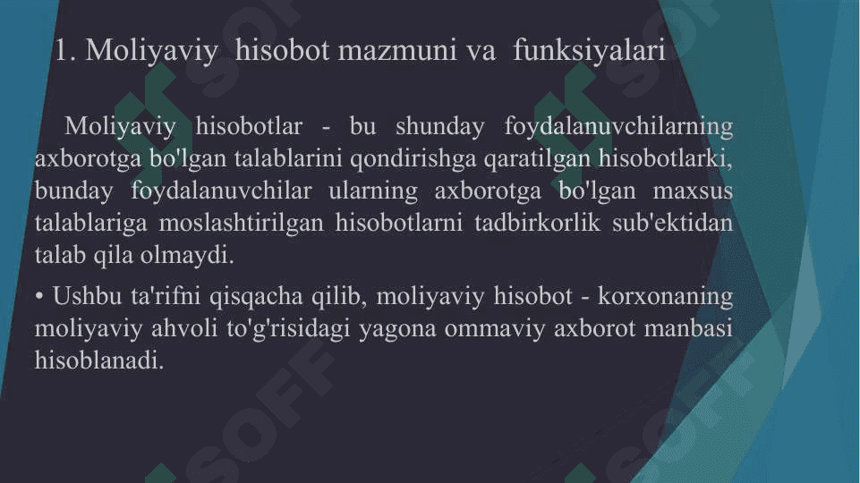 Zamonaviy sharoitlarda moliyaviy hisobot: mazmuni, funksiyalari va turlari mavzusiga doir prezentatsiya 2