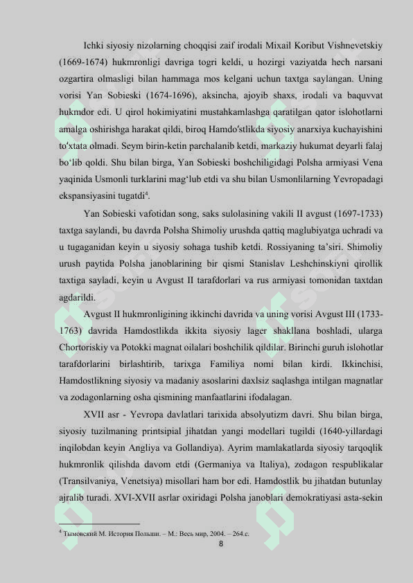 POLSHA XVII ASR IKKINCHI YARMI VA XIX ASR BOSHLARIDA kurs ishi 8