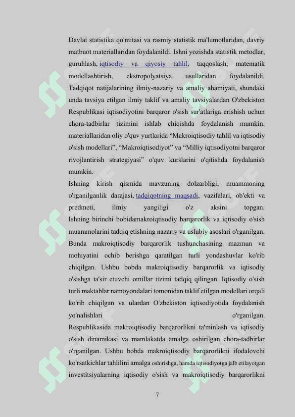 O'zbekistonda barqaror o'sishni ta’minlashning omillari va yo'llari kurs ishi 7
