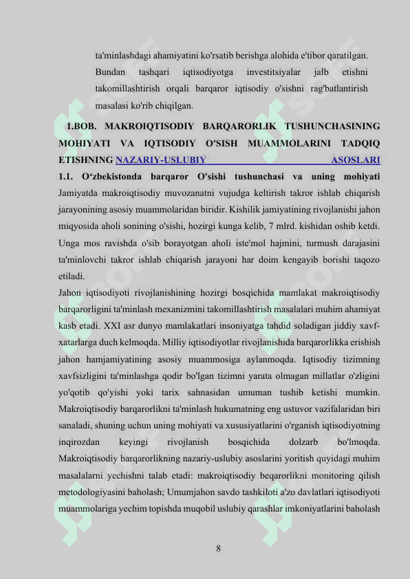 O'zbekistonda barqaror o'sishni ta’minlashning omillari va yo'llari kurs ishi 8