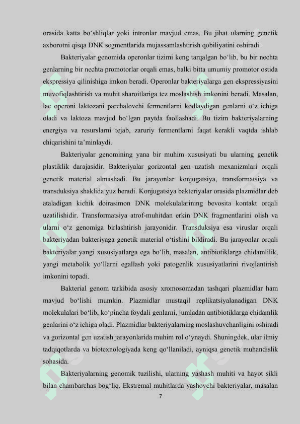 BAKTERIYA VA BIR HUJAYRALI EUKARIOTLAR GENOMLARI TUZILISHINING BIR-BIRIDAN FARQ QILUVCHI ASOSIY XUSUSIYATLARI 7