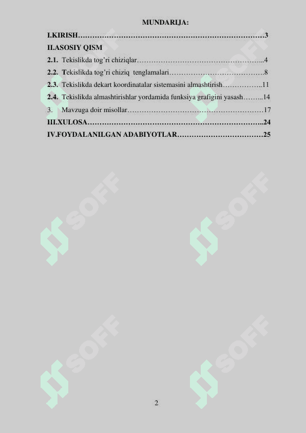 TEKISLIKDA ALMASHTIRISHLAR YORDAMIDA FUNKSIYA GRAFIGINI YASASH kurs ishi 2