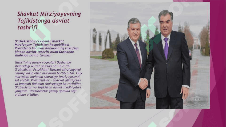 O’Zbekiston respublikasi prezidenti shavkat mirziyoyevning 2018 yildagi ichki va tashqi tashriflari 7