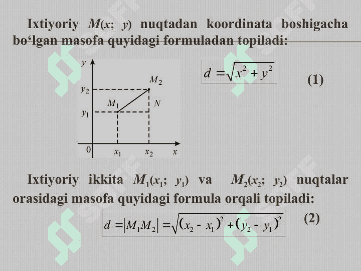 Tekislikda koordinatalar sistemasi. Ikki toʻgʻri chiziq orasidagi burchak. Toʻgʻri  chiziqning parallellik va perpendikulyarlik alomatlari. Nuqtadan toʻgʻri chiziqgacha masofa. 3