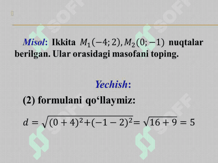 Tekislikda koordinatalar sistemasi. Ikki toʻgʻri chiziq orasidagi burchak. Toʻgʻri  chiziqning parallellik va perpendikulyarlik alomatlari. Nuqtadan toʻgʻri chiziqgacha masofa. 4