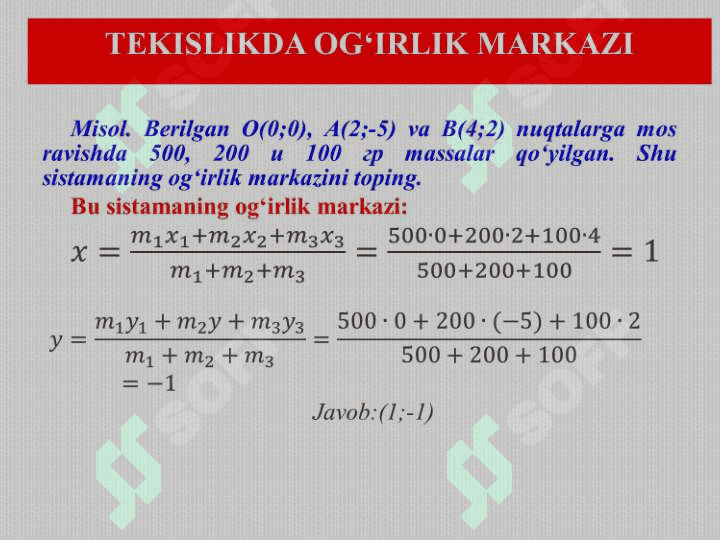 Tekislikda koordinatalar sistemasi. Ikki toʻgʻri chiziq orasidagi burchak. Toʻgʻri  chiziqning parallellik va perpendikulyarlik alomatlari. Nuqtadan toʻgʻri chiziqgacha masofa. 8