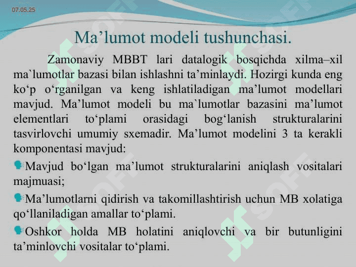 Ma`lumotlar bazasi modellari.  Mohiyat – aloqa modeli. 2