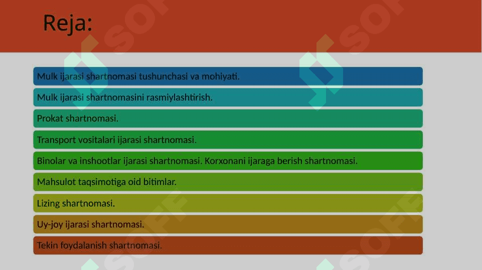 Mulk ijarasi shartnomasi va uning turlari. Tekin foydalanish. 2