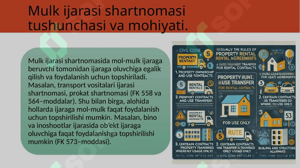 Mulk ijarasi shartnomasi va uning turlari. Tekin foydalanish. 3