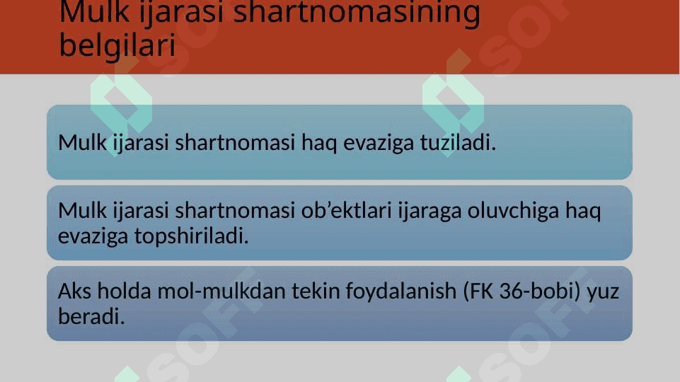 Mulk ijarasi shartnomasi va uning turlari. Tekin foydalanish. 4