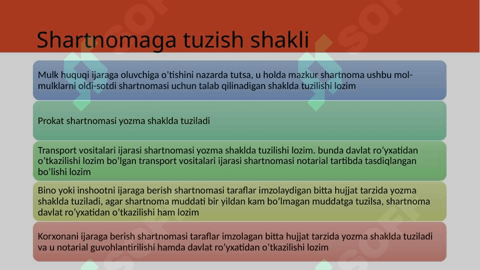 Mulk ijarasi shartnomasi va uning turlari. Tekin foydalanish. 7