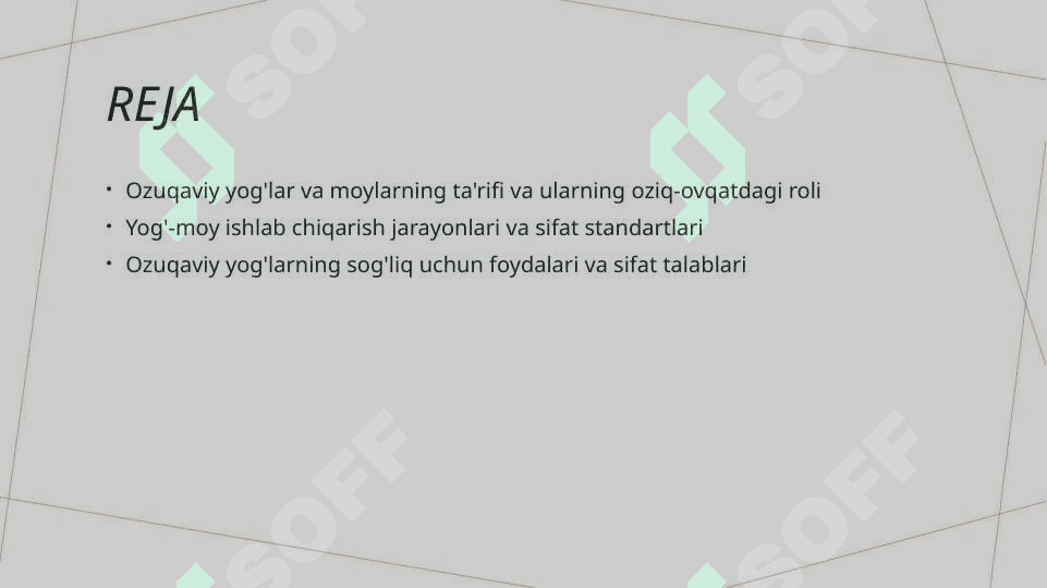 Ozuqaviy yog'lar va moylar. Ozuqaviy yog'lar va moylar va ularning oziq ovqat mahsulotlari ishlab chiqarishdagi ahamiyati. Yog'- moylarning sifatiga qo'yiladigan talablar. 2