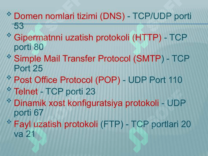 Amaliy pog’ona protokollari va xizmatlari. 8
