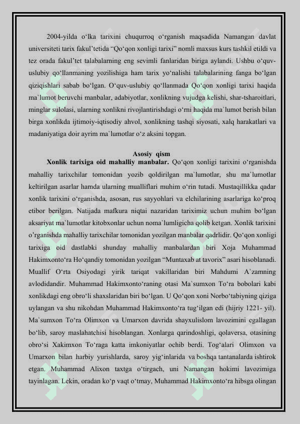 Mustaqillik yillarida Qo‘qon xonligi tarixining o‘rganilishi” mavzusida referat tayyorlash. 3