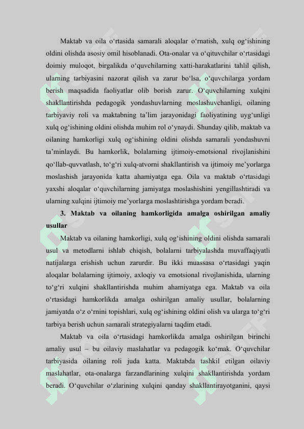 Xulq og‘ishning oldini olishda maktab va oilaning hamkorligi mustaqil ish 8
