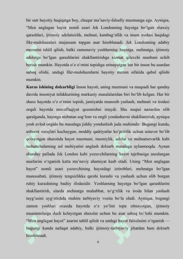Jek Londonning Men anglagan hayot asarida hayot haqida qarashlar tasviri 4