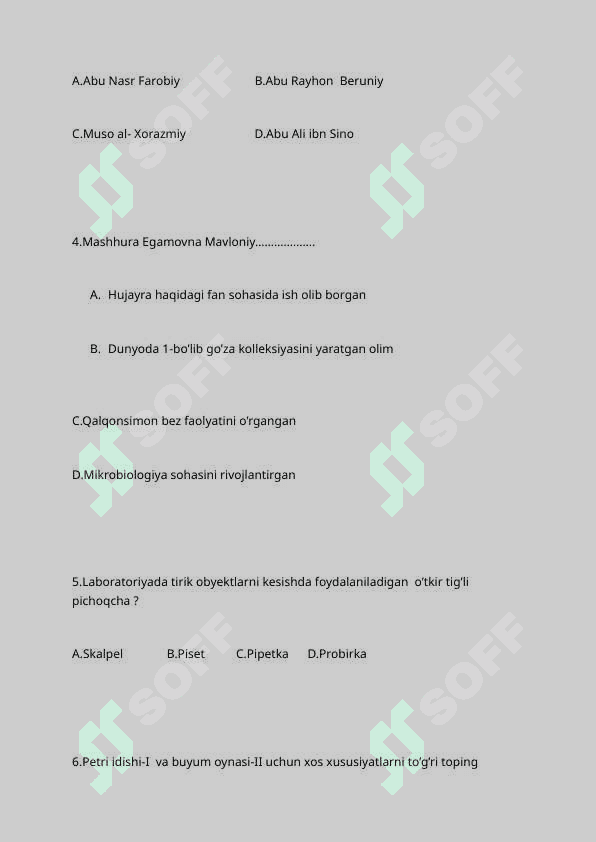 5-sinf biologiya 1-7 mavzularga doir Dtm standart asosida testlar 2