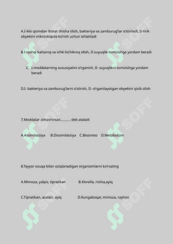 5-sinf biologiya 1-7 mavzularga doir Dtm standart asosida testlar 3
