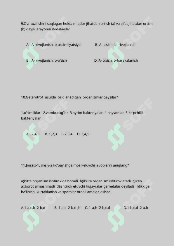 5-sinf biologiya 1-7 mavzularga doir Dtm standart asosida testlar 4