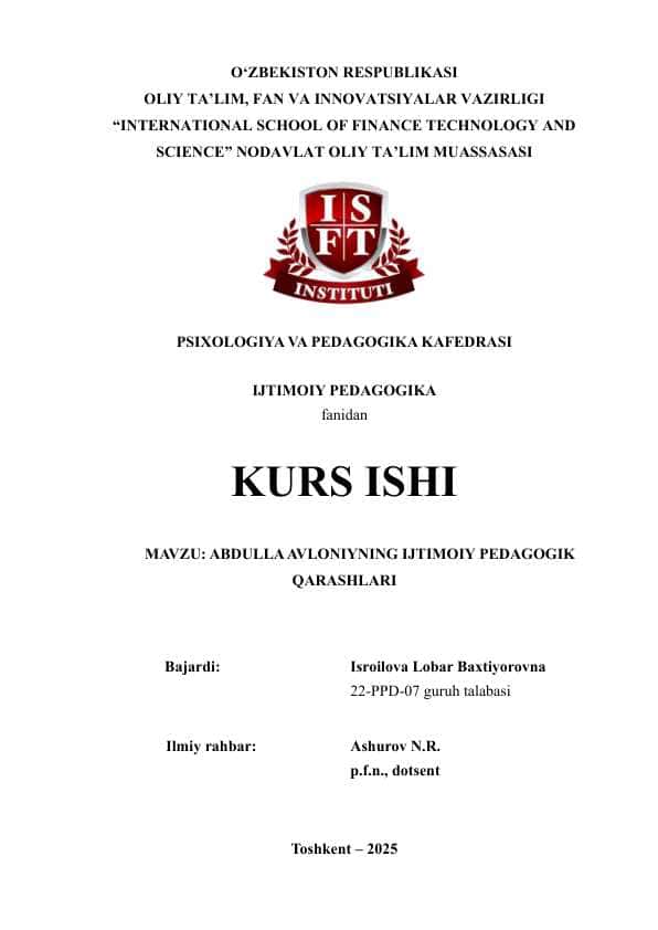 ABDULLA AVLONIYNING IJTIMOIY PEDAGOGIK QARASHLARI
