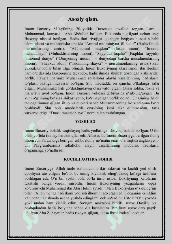 Imom al – Buxoriy buyuk muhaddis alloma” Mavzu yuzasidan referat tayyorlash. 3
