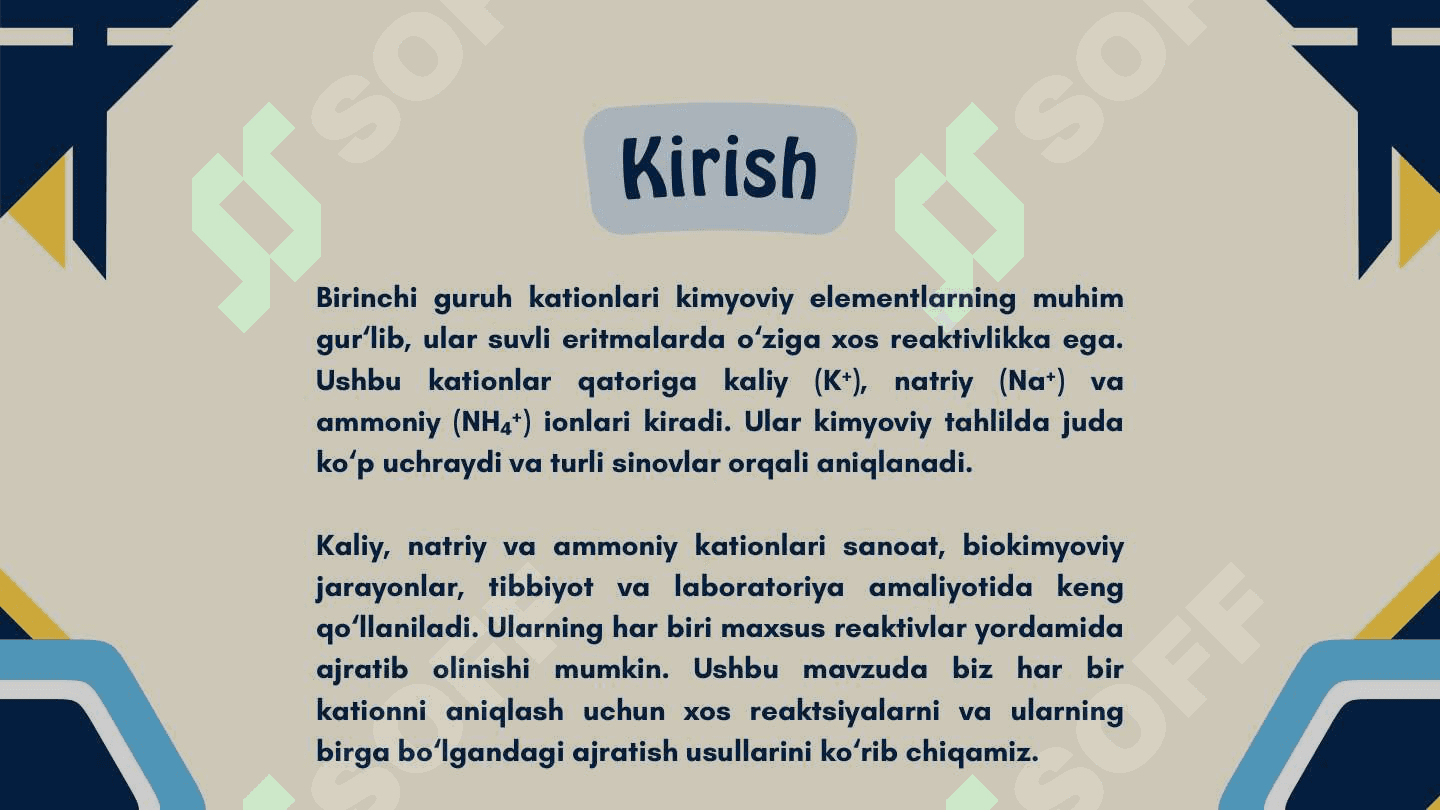 Birinchi guruh kationlari. Kaliy natriy ammoniy kationi uchun xos reaksiyalar. Bu uch kation birga boʻlgan sharoitda ulardan har birining bor yoʻqligini aniqlash. 3