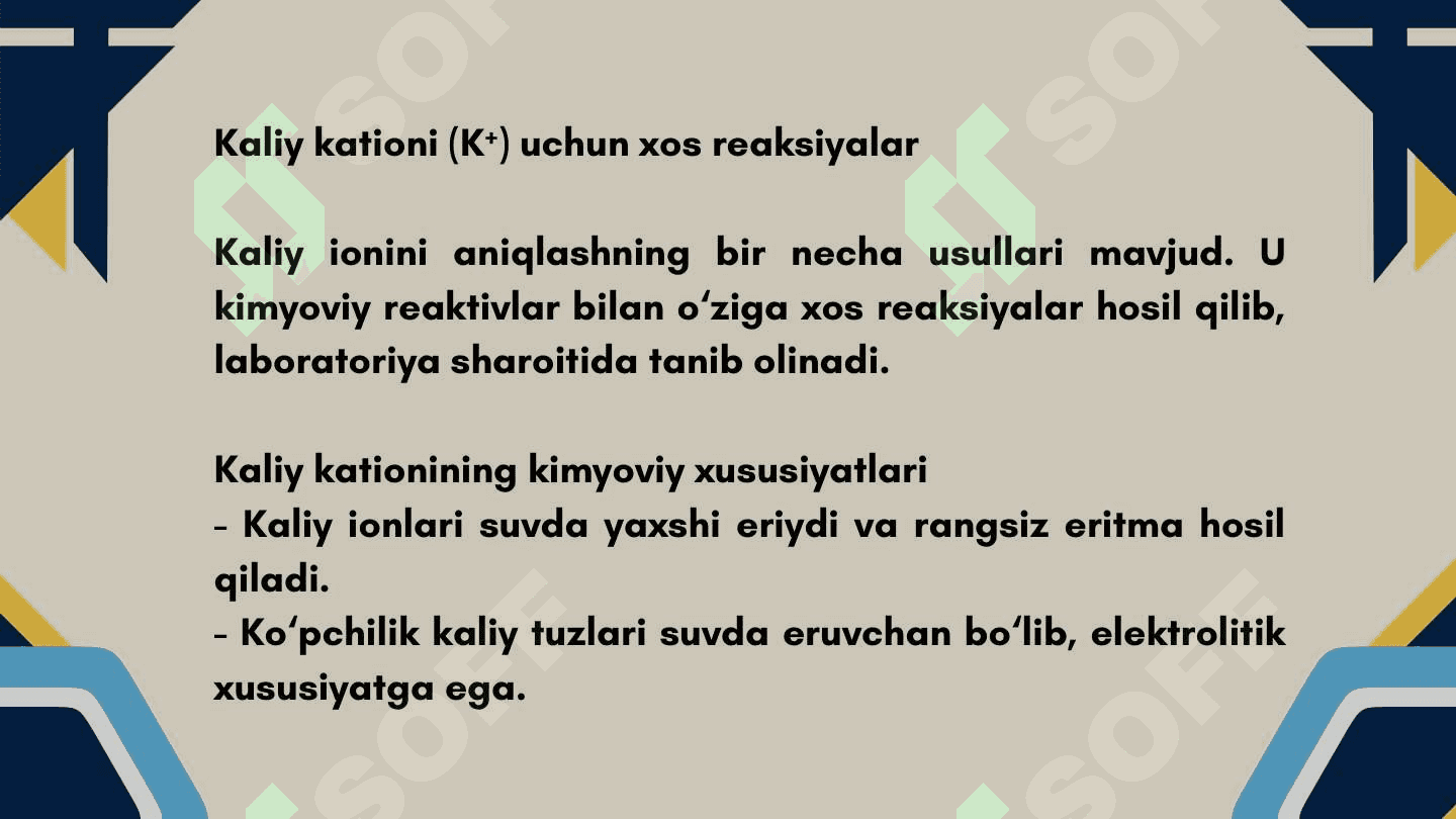Birinchi guruh kationlari. Kaliy natriy ammoniy kationi uchun xos reaksiyalar. Bu uch kation birga boʻlgan sharoitda ulardan har birining bor yoʻqligini aniqlash. 4