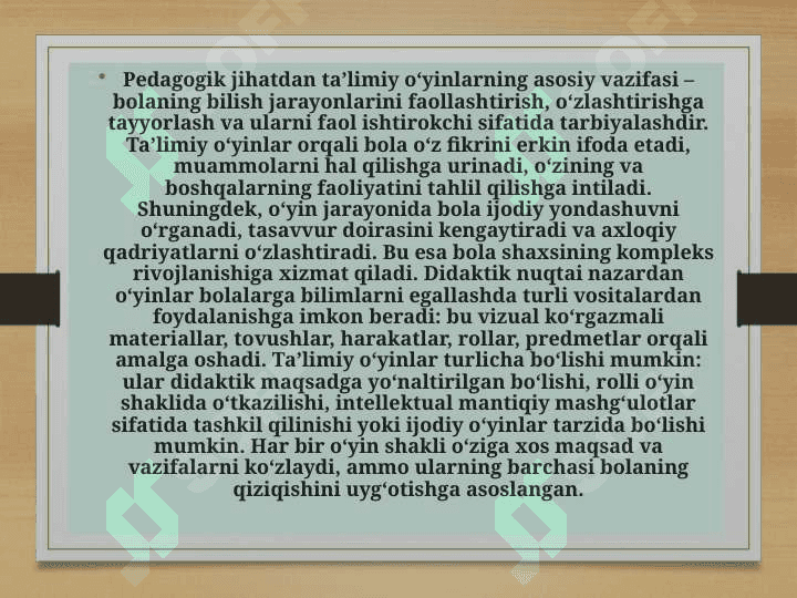 Maktabgacha taʼlim tashkilotida taʼlimiy oʻyinlar va ularning ahamiyati 4