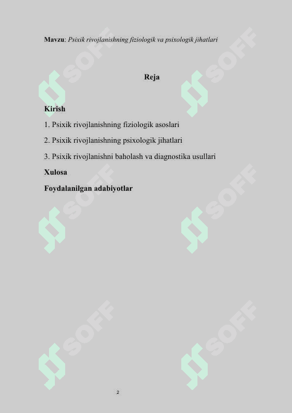Psixik rivojlanishning fiziologik va psixologik jihatlari mustaqil ish 2