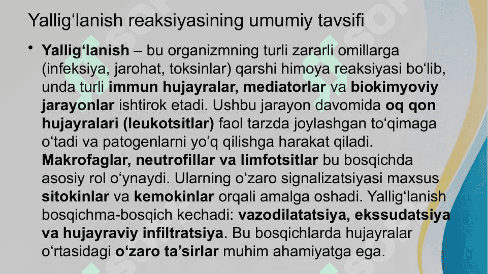 Yallig'lanish reaksiyasi vaqtida hujayralarning o'zaro ta'siri. Biriktiruvchi to'qimaning hujayralararo moddasining kelib chiqishi va tuzilishi. Kollagen tolalarining ultrastrukturasi va gistokimyosi 2