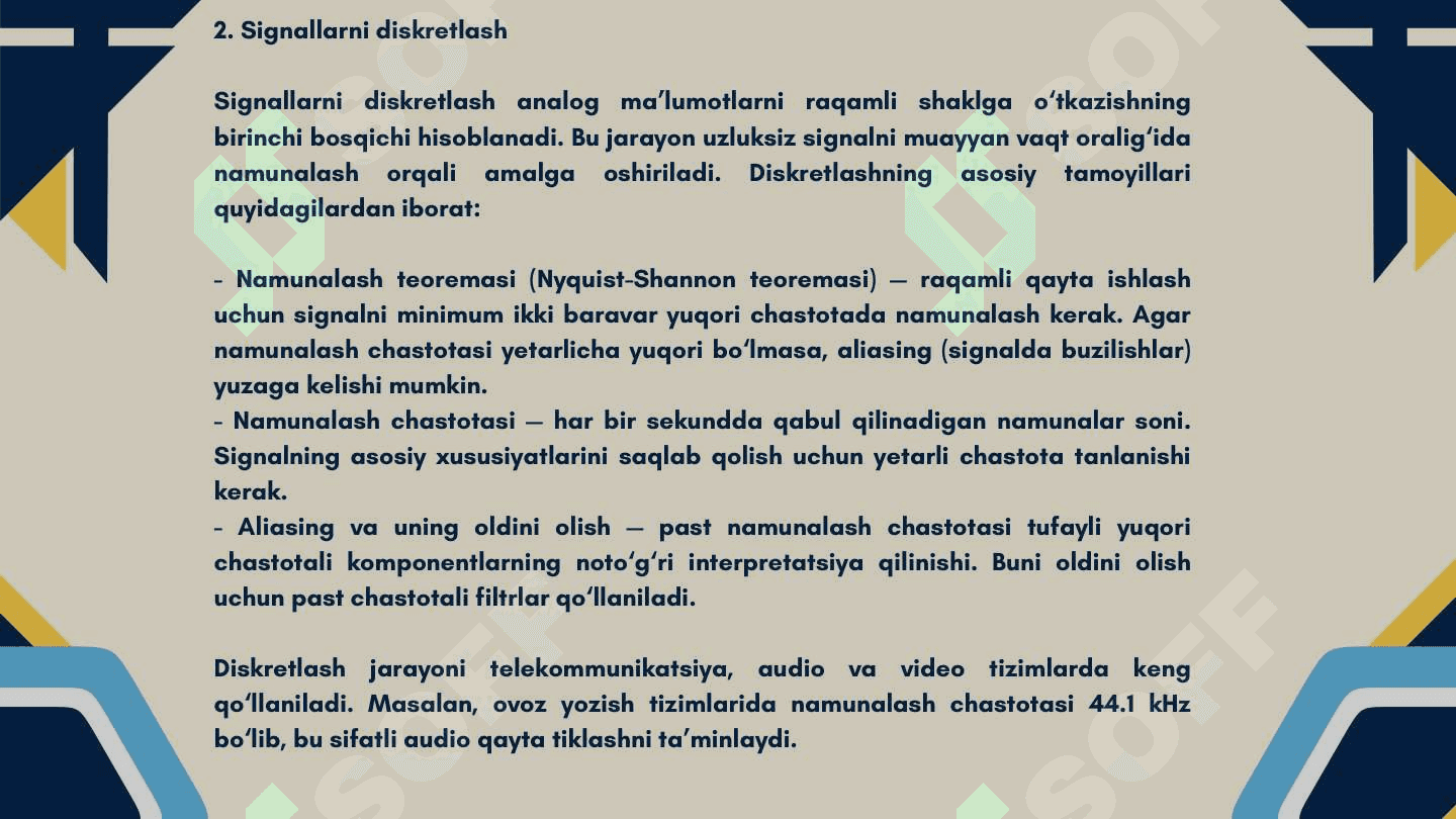 Signallarni diskretlash, kvantlash va kodlash. 6