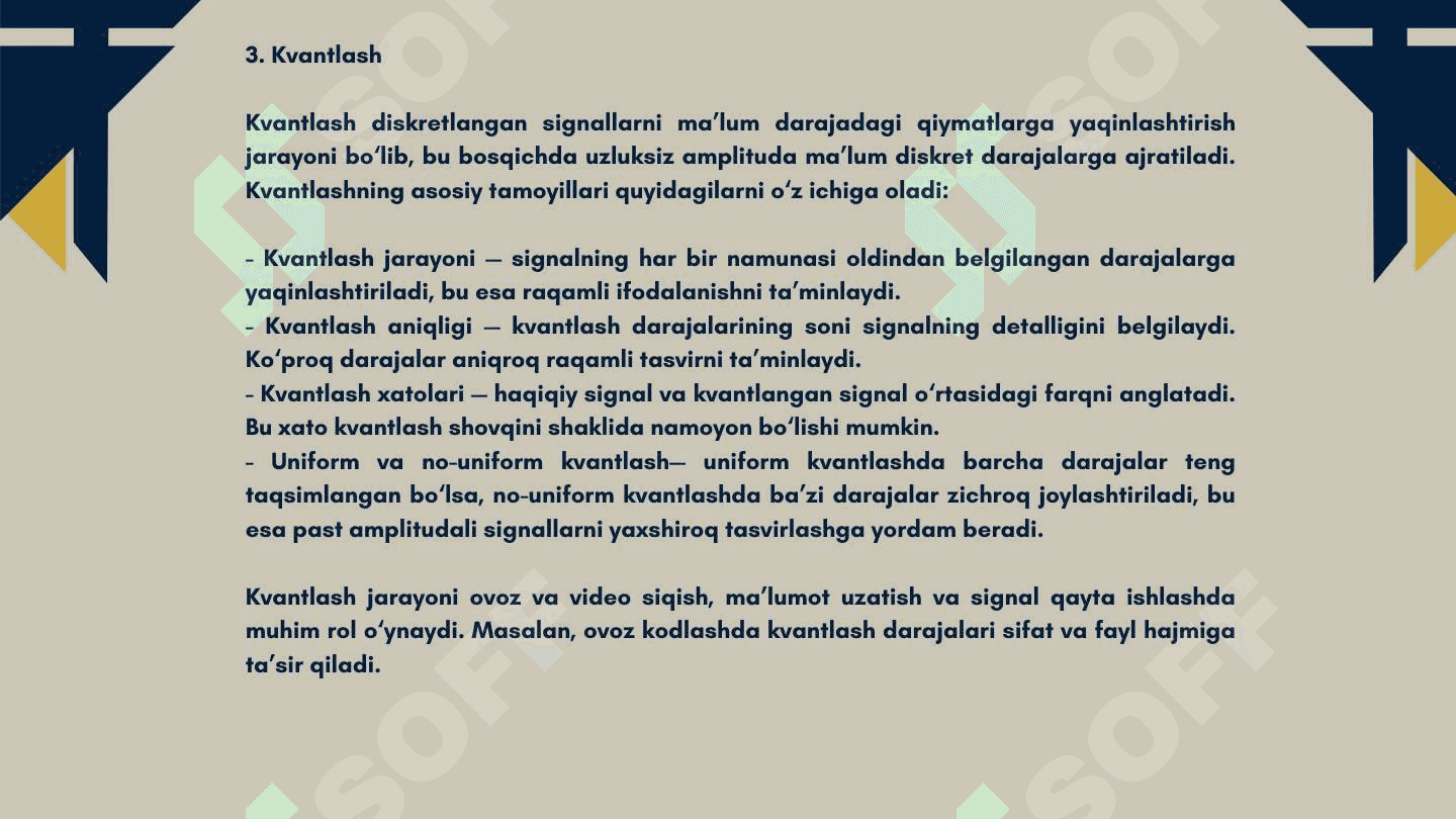 Signallarni diskretlash, kvantlash va kodlash. 8