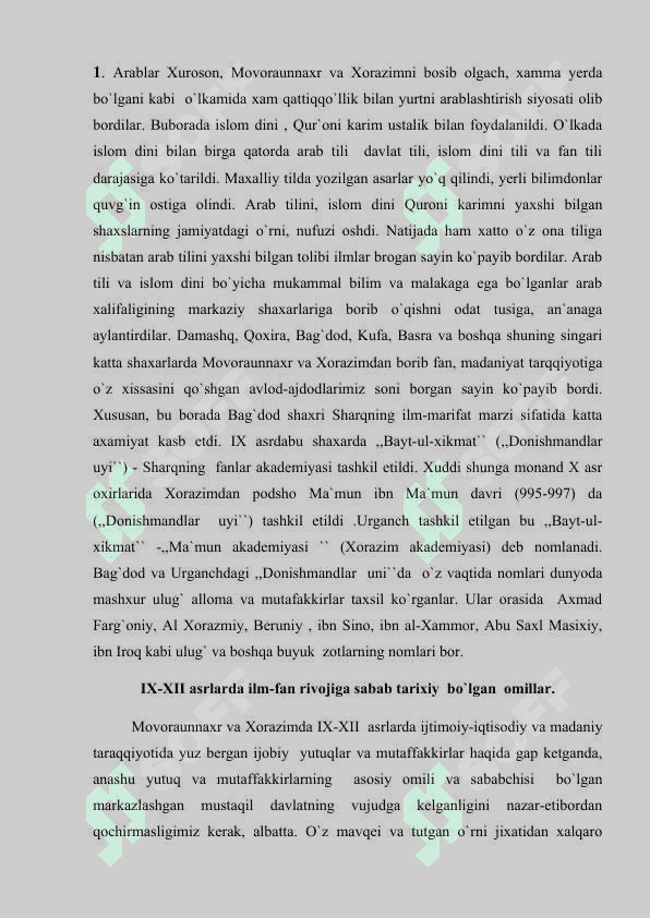 IX – XII  ASRLARDA O`RTA OSIYODA MADANIY HAYOT 2
